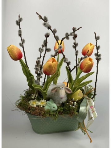 Öribari(k) - sárgásnarancsos tulipános, baris-nyuszis tavaszi tartós asztaldísz 