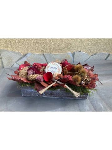 Hello Ősz fatáblácskás tartós asztaldísz növényi részekkel gazdagon díszítve