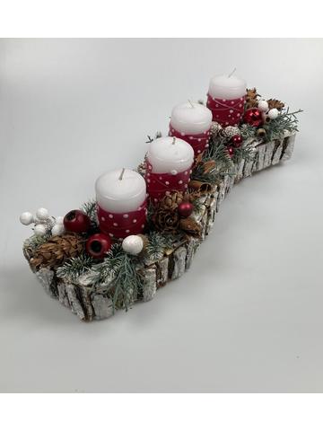 Tündéri, mélyvörös-fehér pöttyös gyertyás adventi asztaldísz