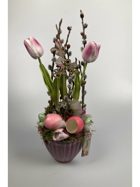 Áfonyásjoghurt színű tulipános, igazi tojásos, mohás tartós asztaldísz 