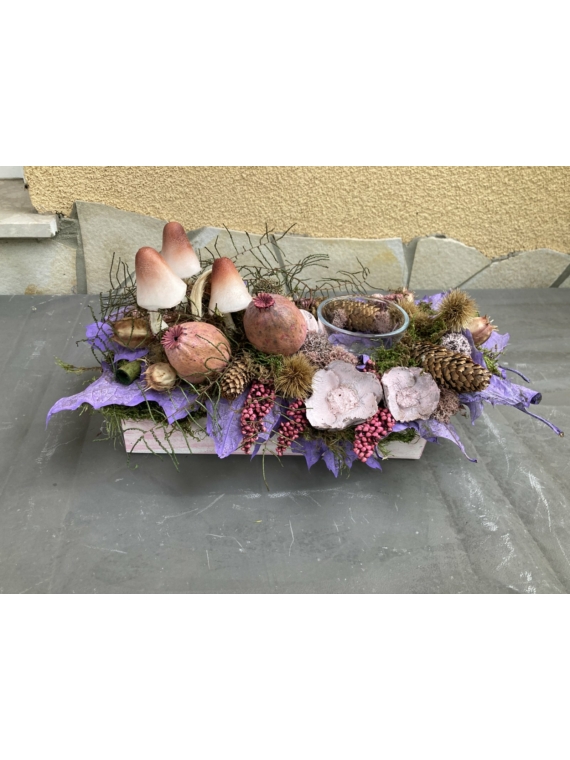 Mákgubós, mécsestartós őszi bőségláda Hello Ősz fatáblácskával - tartós asztaldísz növényi részekkel gazdagon díszítve