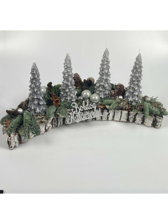 Csillogó fenyőerdő - fenyőgyertyás, 40 cm hosszú, hullám formájú adventi asztaldísz